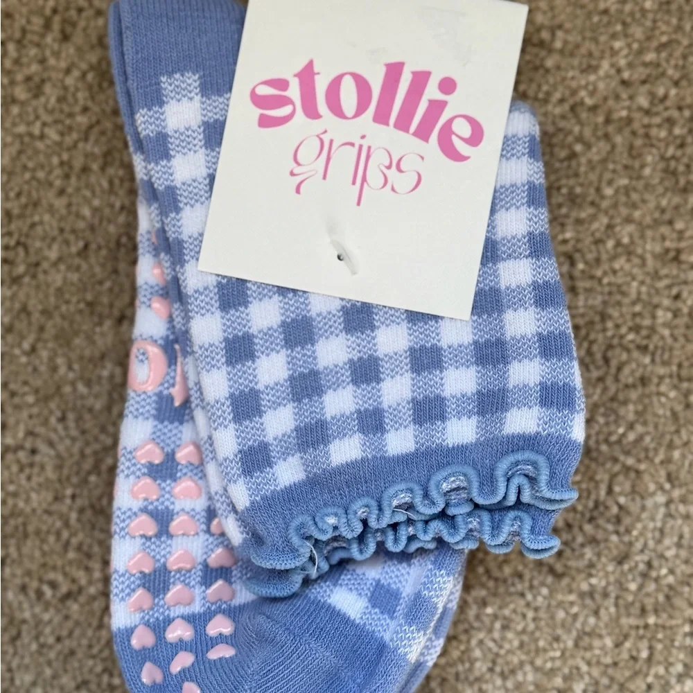 NWT Stollie Grip Socks Blue and Pink Checkered Pilates Yoga Barre